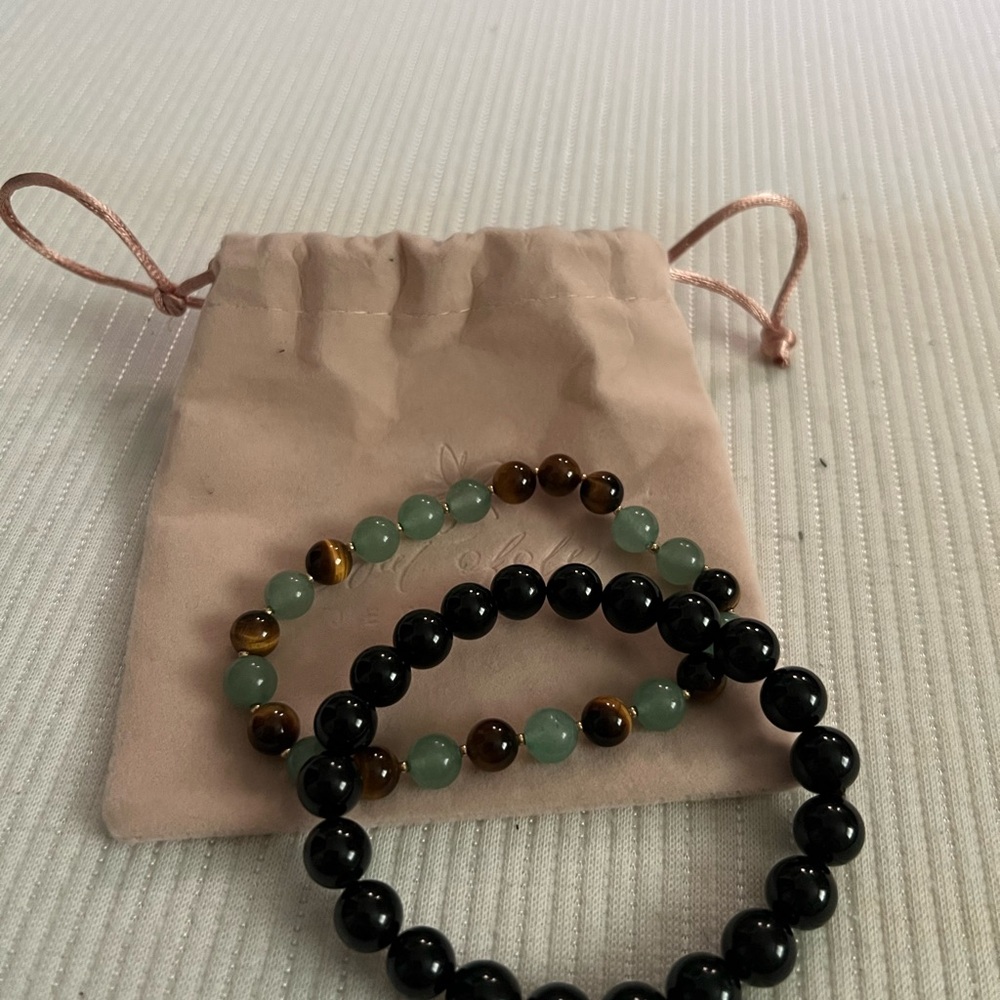 Chic Black and Green Beaded Bracelet Duo